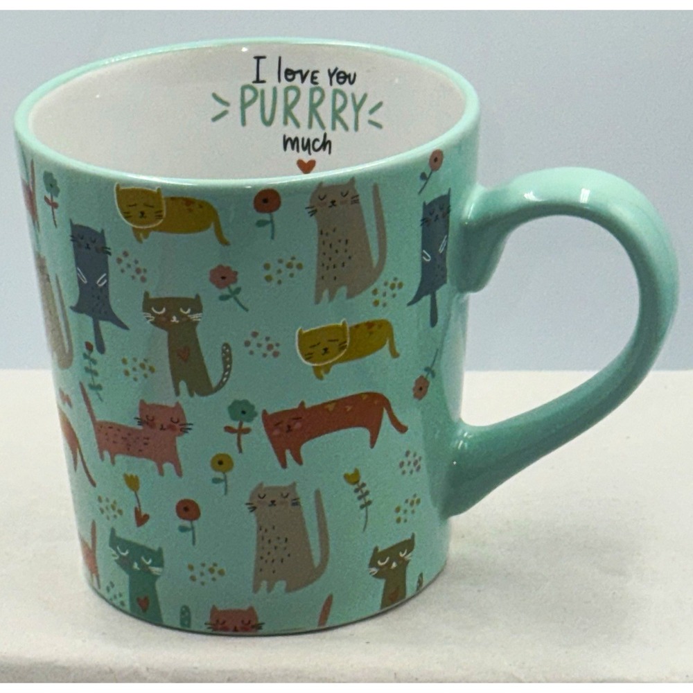 Kirkland's Home Ceramic "I Love You PURRRY Much" Teal Cute Cat Mug, Retired